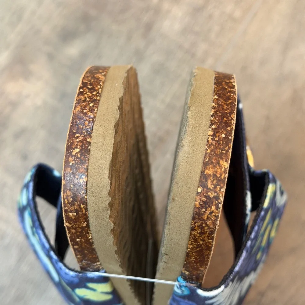 NEW Aerie Womens 10 Floral Buckle Slide Sandals Blue Yellow Cork Beach Coastal